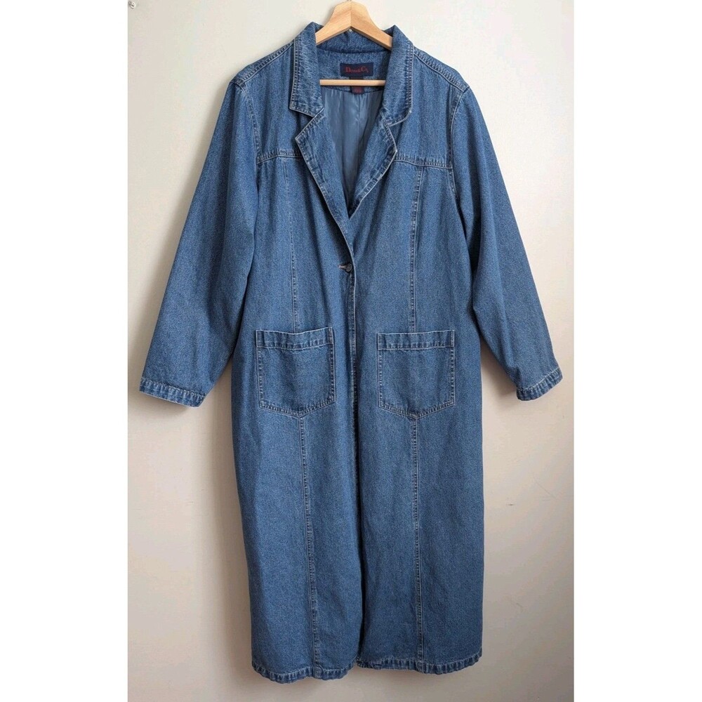 Vintage Denim Trench Coat Womens XL 1X Blue 90s Cotton Hong Kong Duster Long VGC